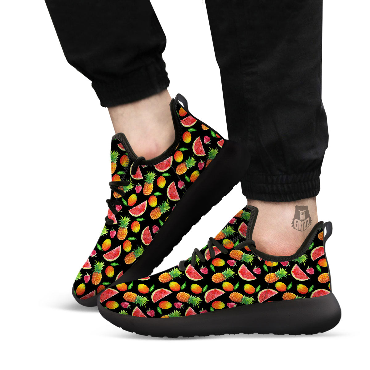 Pineapple Mix Fruit Print Pattern Black Athletic Shoes-grizzshop