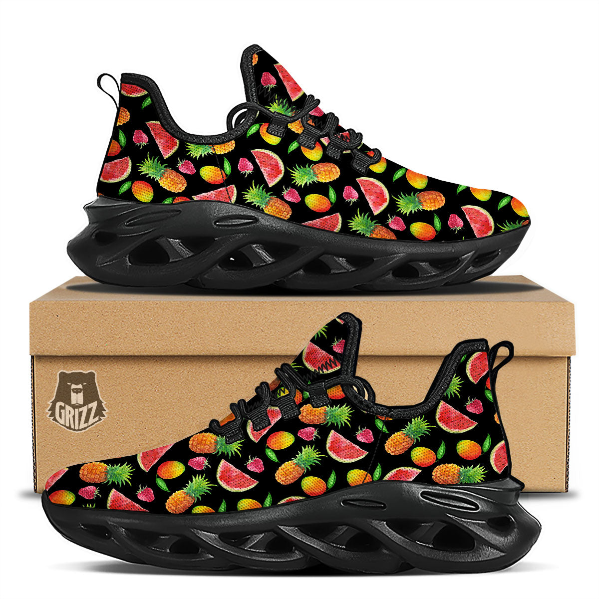 Pineapple Mix Fruit Print Pattern Black Running Shoes-grizzshop