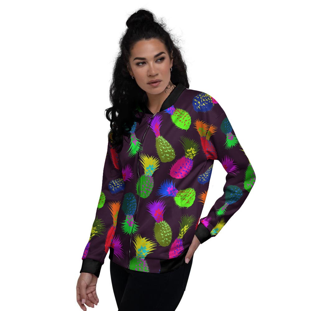 Pineapple Neon Trippy Print Pattern Women's Bomber Jacket-grizzshop