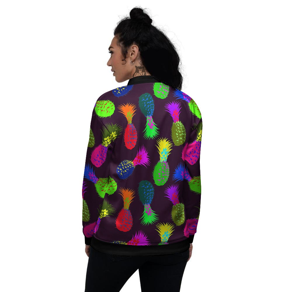 Pineapple Neon Trippy Print Pattern Women's Bomber Jacket-grizzshop