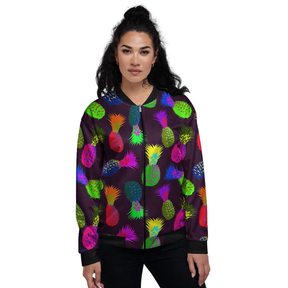Pineapple Neon Trippy Print Pattern Women's Bomber Jacket-grizzshop