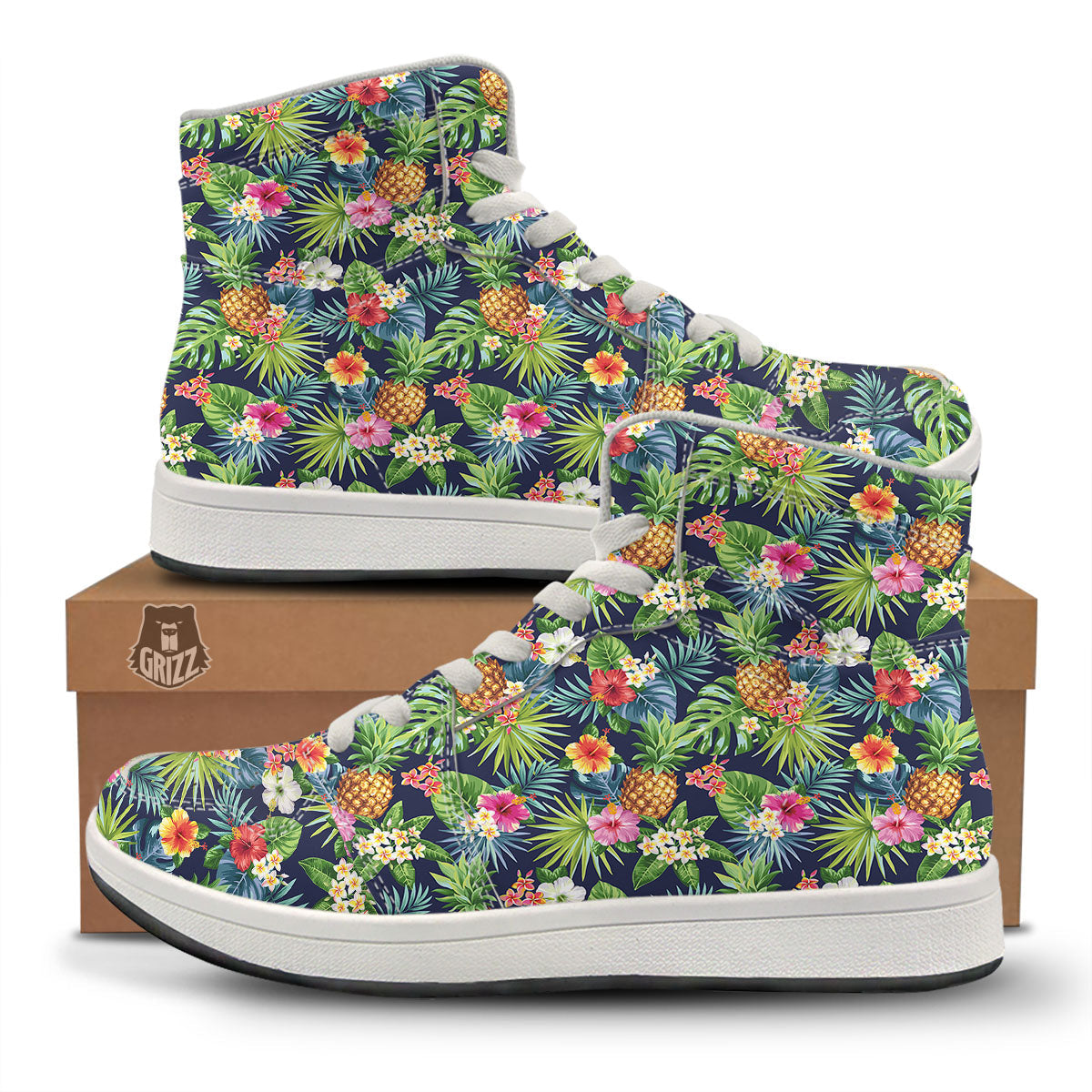 Pineapple Palm Leaf Print Pattern High Top Sneakers-grizzshop