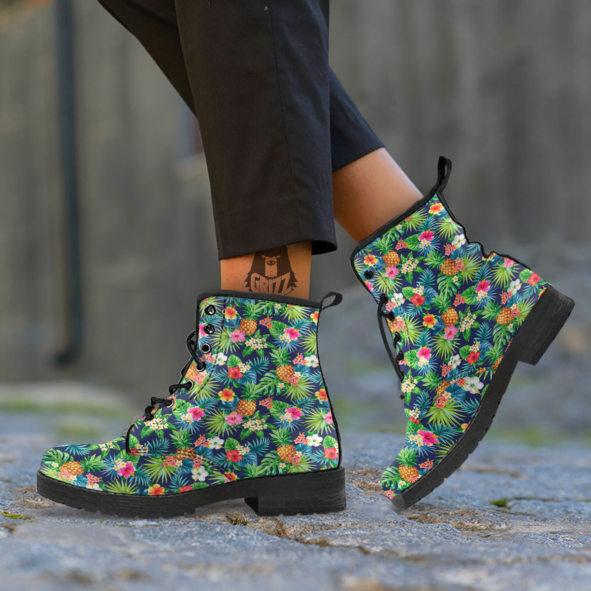 Pineapple Palm Leaf Print Pattern Leather Boots-grizzshop