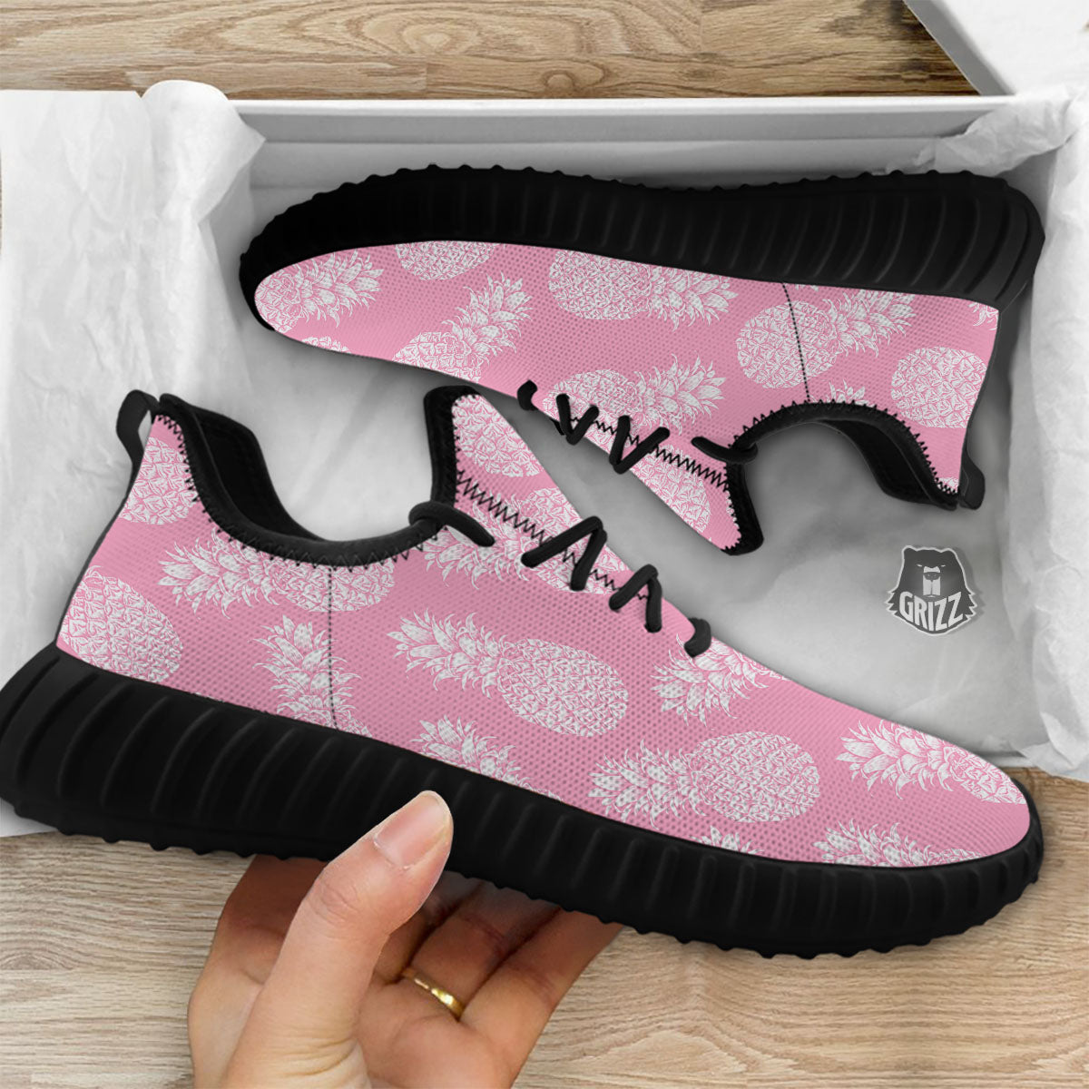 Pineapple Pink Print Pattern Black Walking Shoes-grizzshop