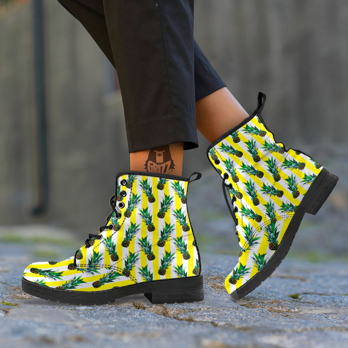 Pineapple Striped Yellow Print Pattern Leather Boots-grizzshop