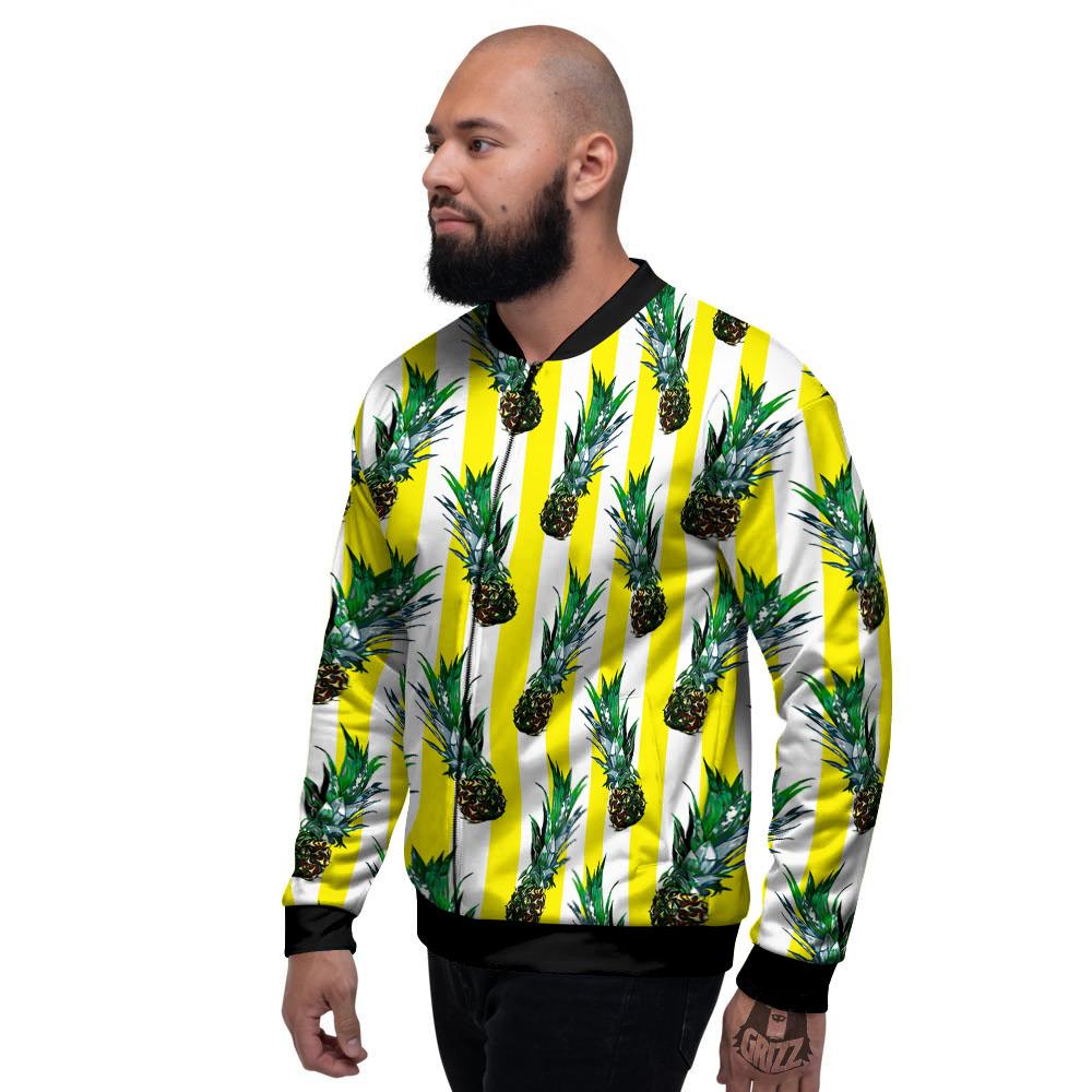 Pineapple Striped Yellow Print Pattern Men's Bomber Jacket-grizzshop