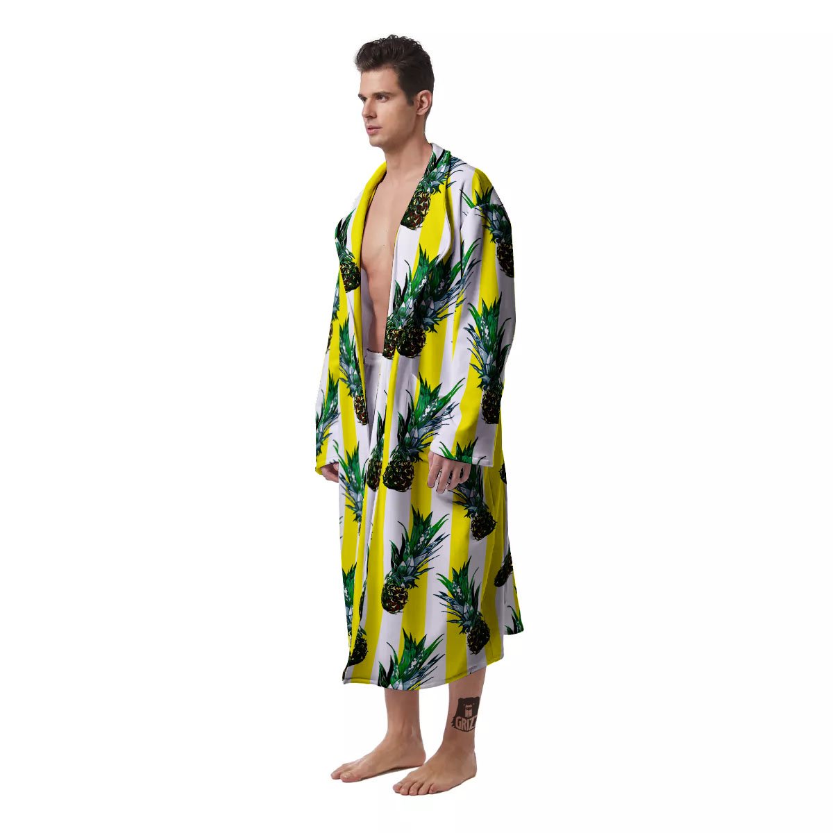 Pineapple Striped Yellow Print Pattern Men's Robe-grizzshop