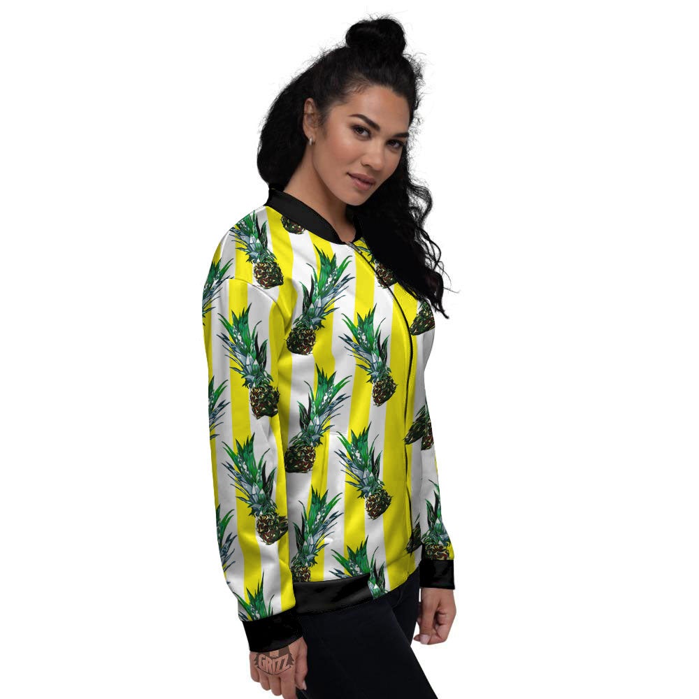 Pineapple Striped Yellow Print Pattern Women's Bomber Jacket-grizzshop