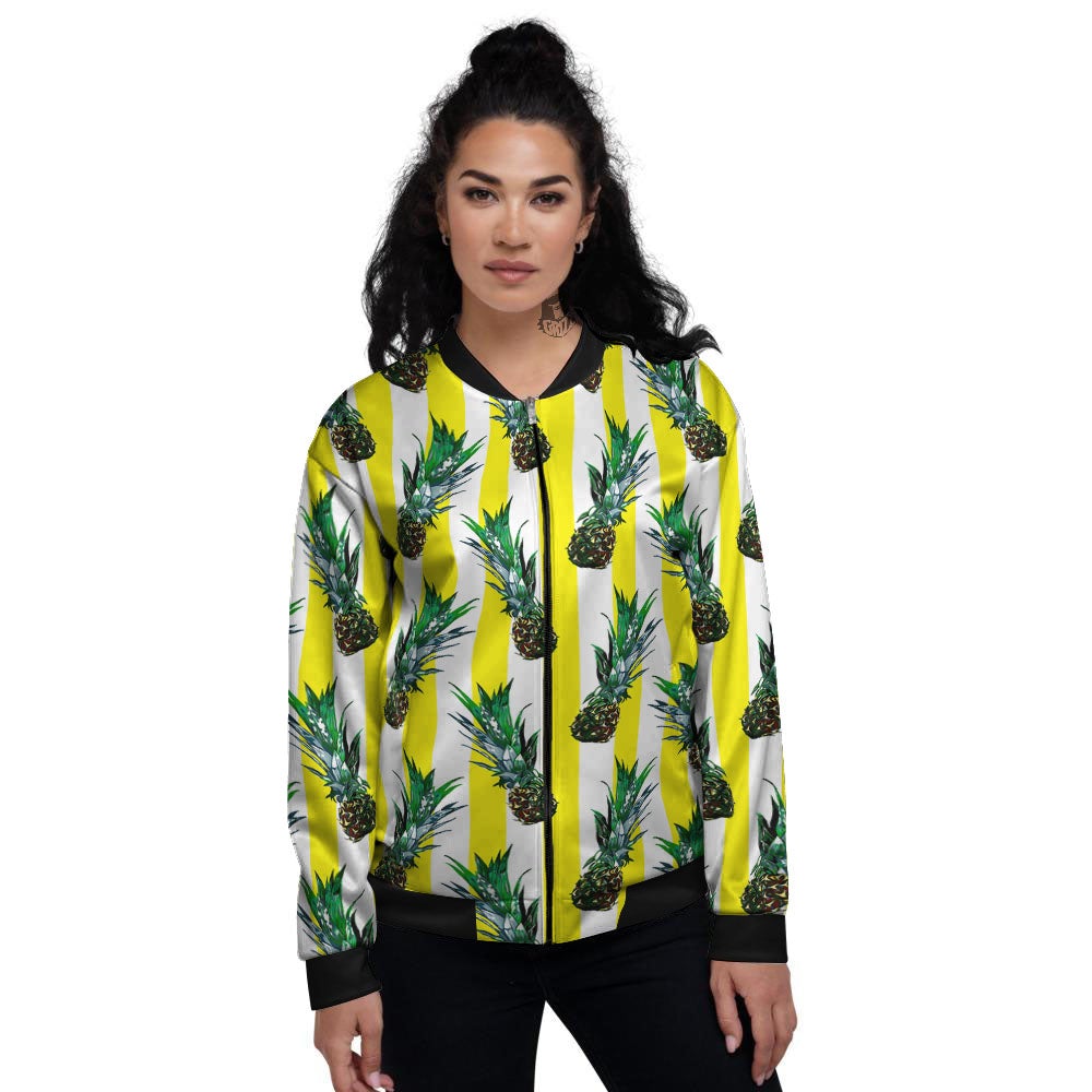 Pineapple Striped Yellow Print Pattern Women's Bomber Jacket-grizzshop