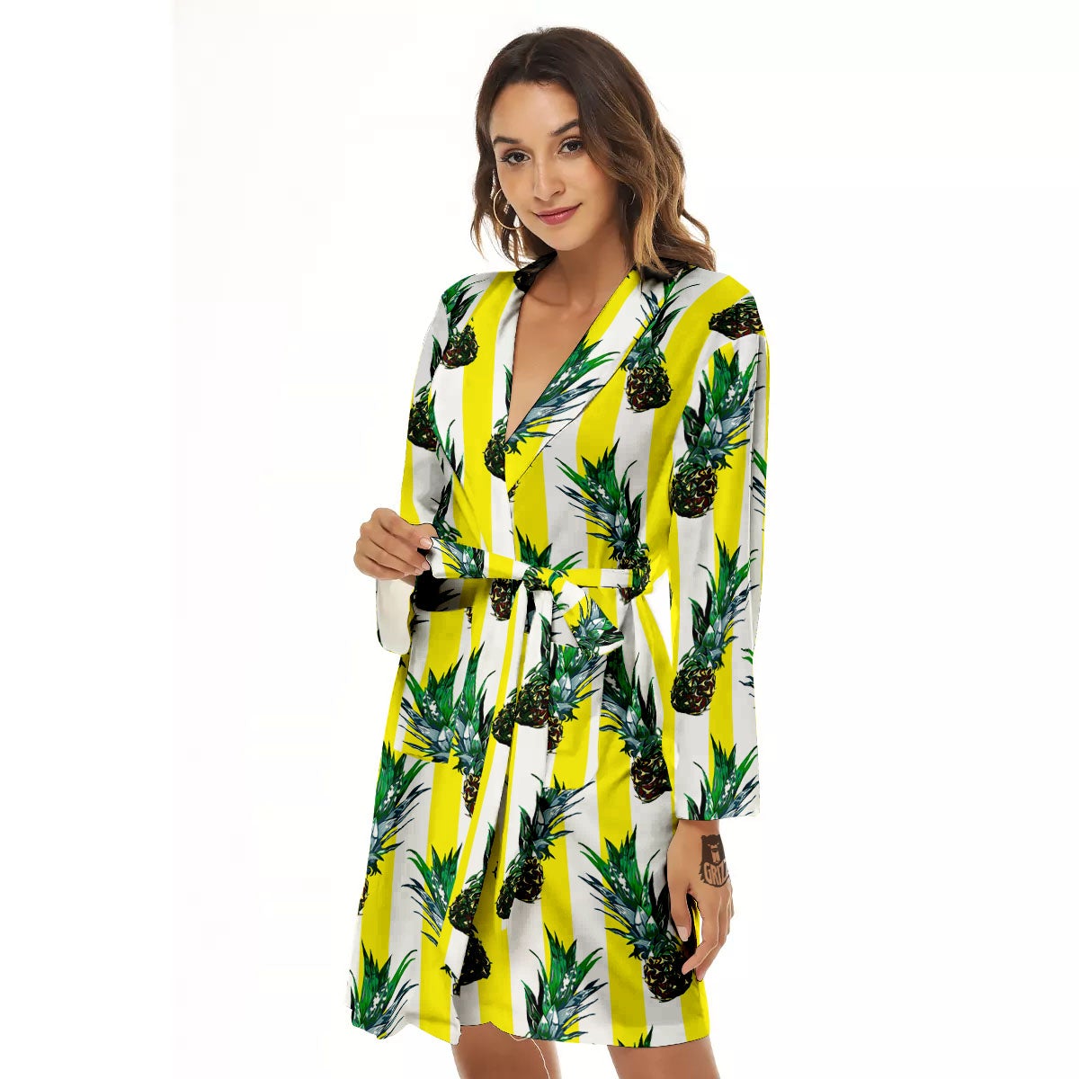 Pineapple Striped Yellow Print Pattern Women's Robe-grizzshop