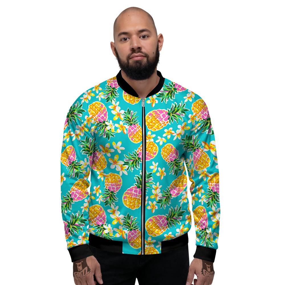 Pineapple Tropical Teal Print Pattern Men's Bomber Jacket-grizzshop