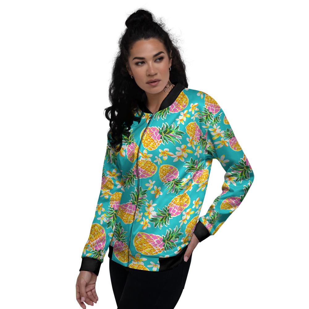 Pineapple Tropical Teal Print Pattern Women's Bomber Jacket-grizzshop