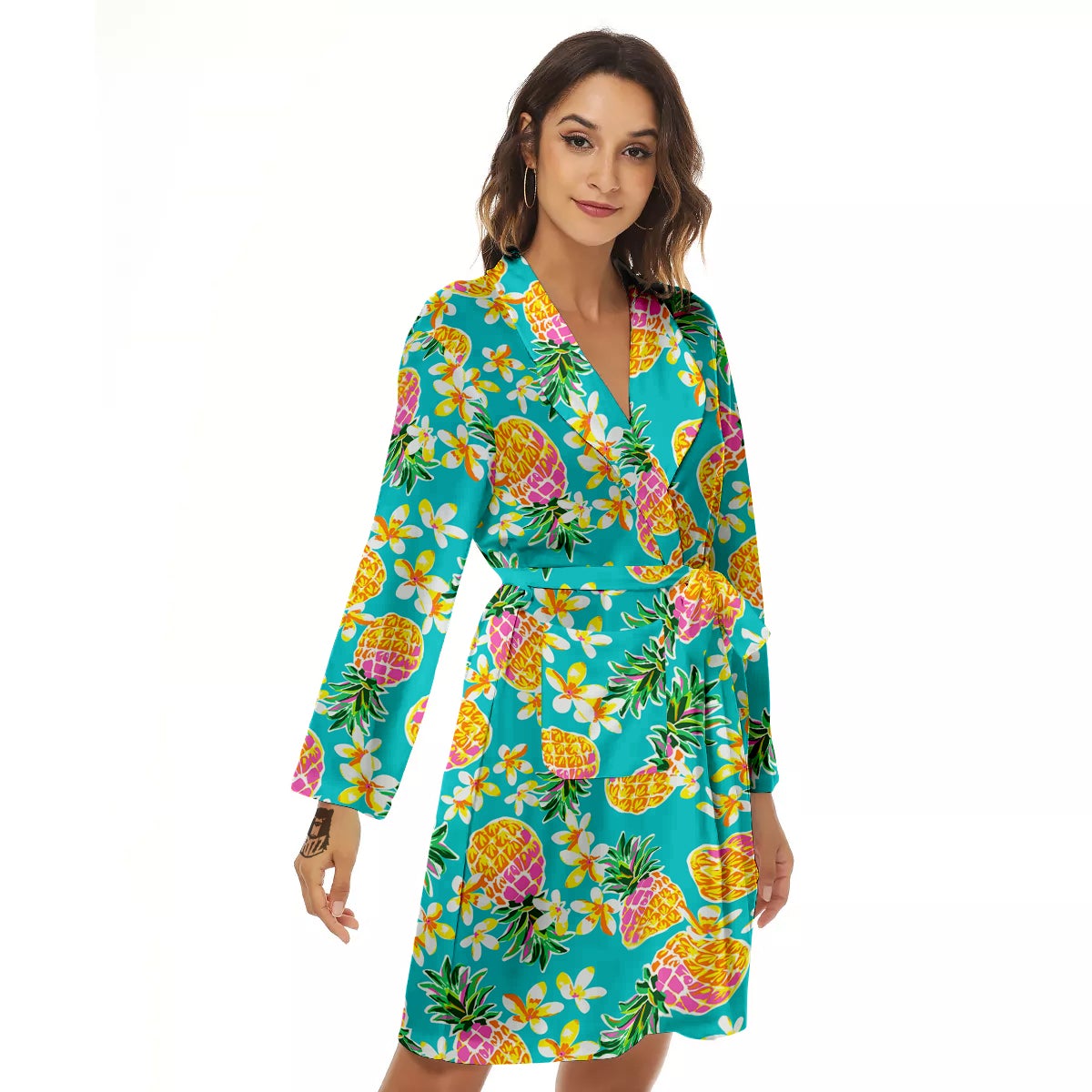 Pineapple Tropical Teal Print Pattern Women's Robe-grizzshop