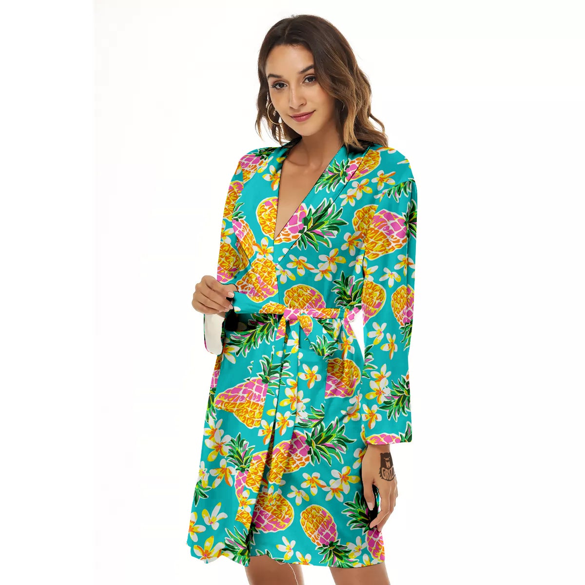Pineapple Tropical Teal Print Pattern Women's Robe-grizzshop