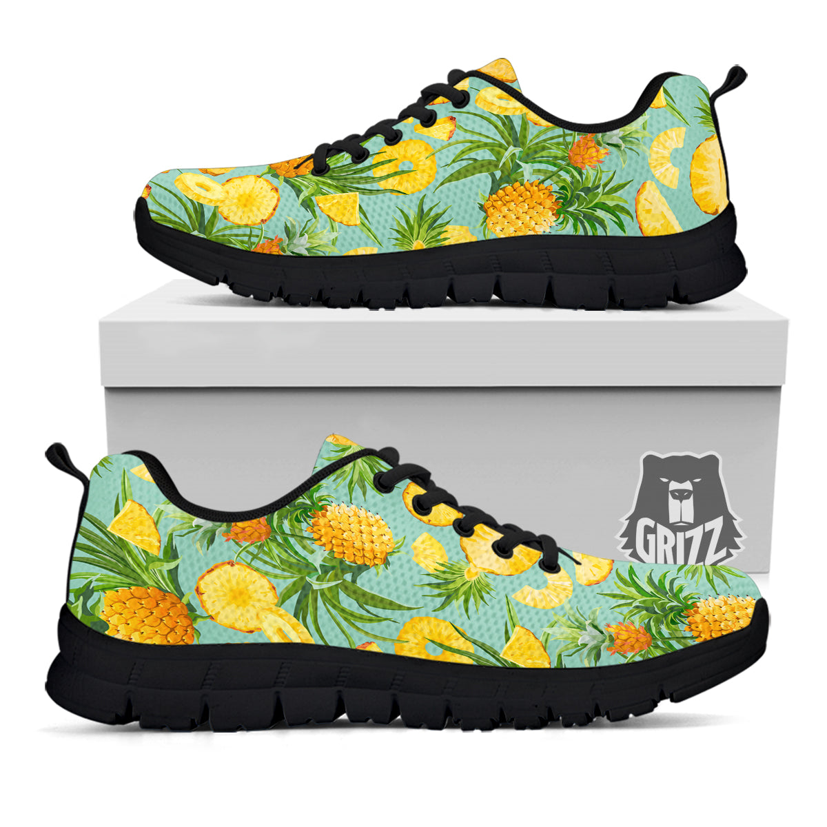 Pineapple Watercolor Print Pattern Black Sneaker-grizzshop