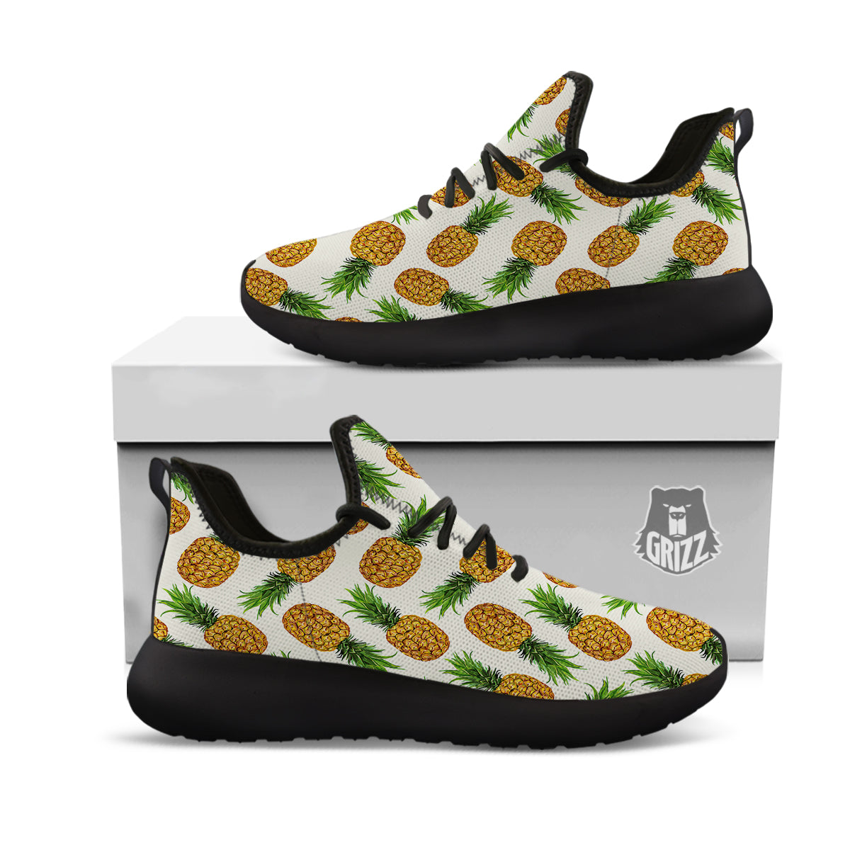 Pineapple White Print Pattern Black Athletic Shoes-grizzshop