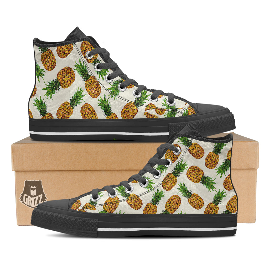 Pineapple White Print Pattern Black High Top Shoes-grizzshop