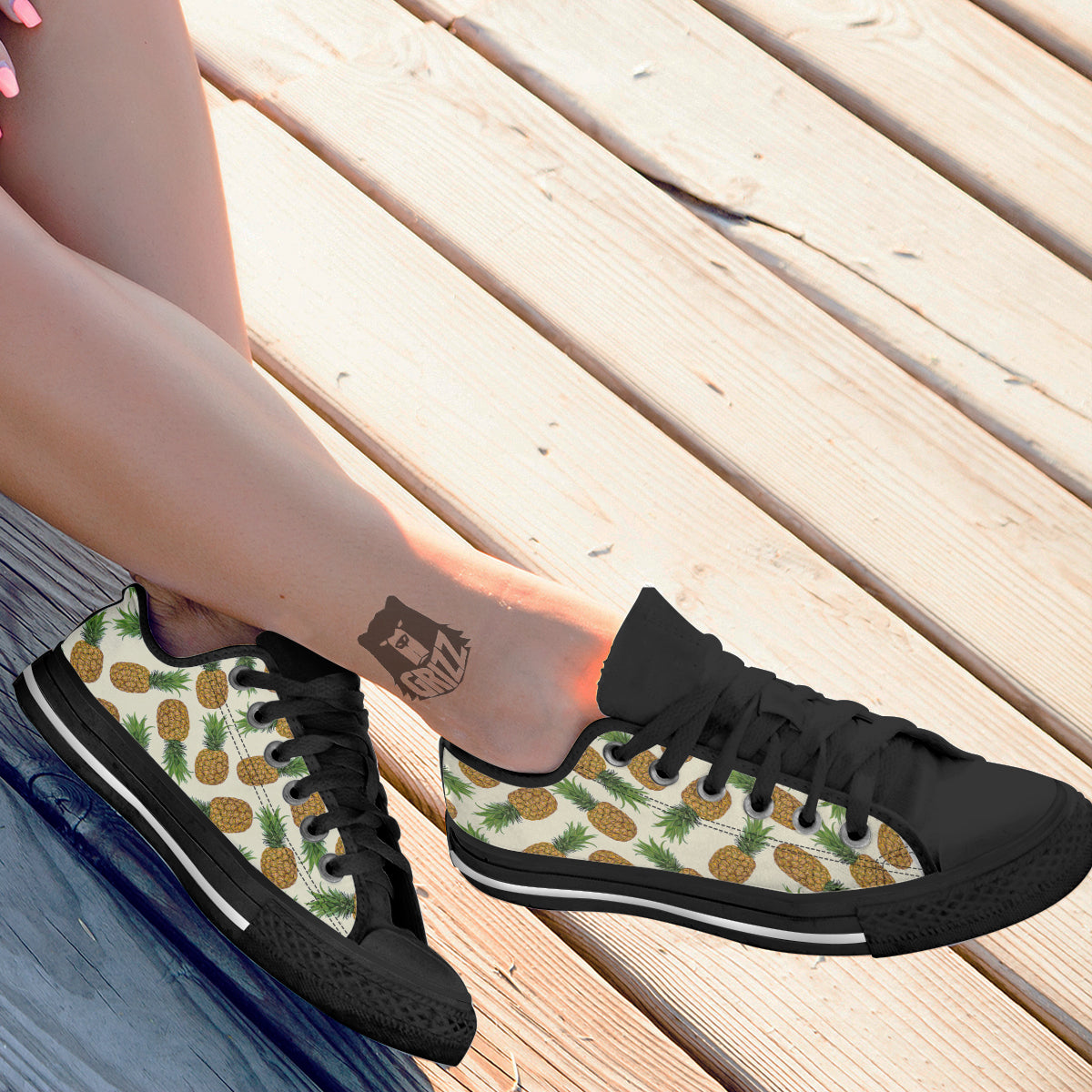 Pineapple White Print Pattern Black Low Top Shoes-grizzshop