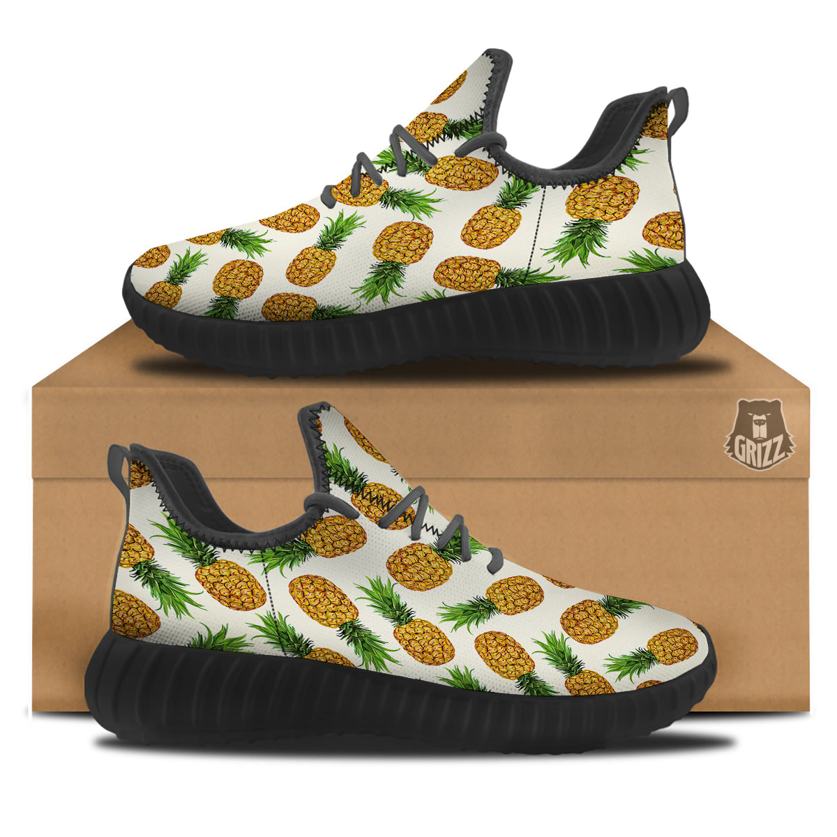 Pineapple White Print Pattern Black Walking Shoes-grizzshop