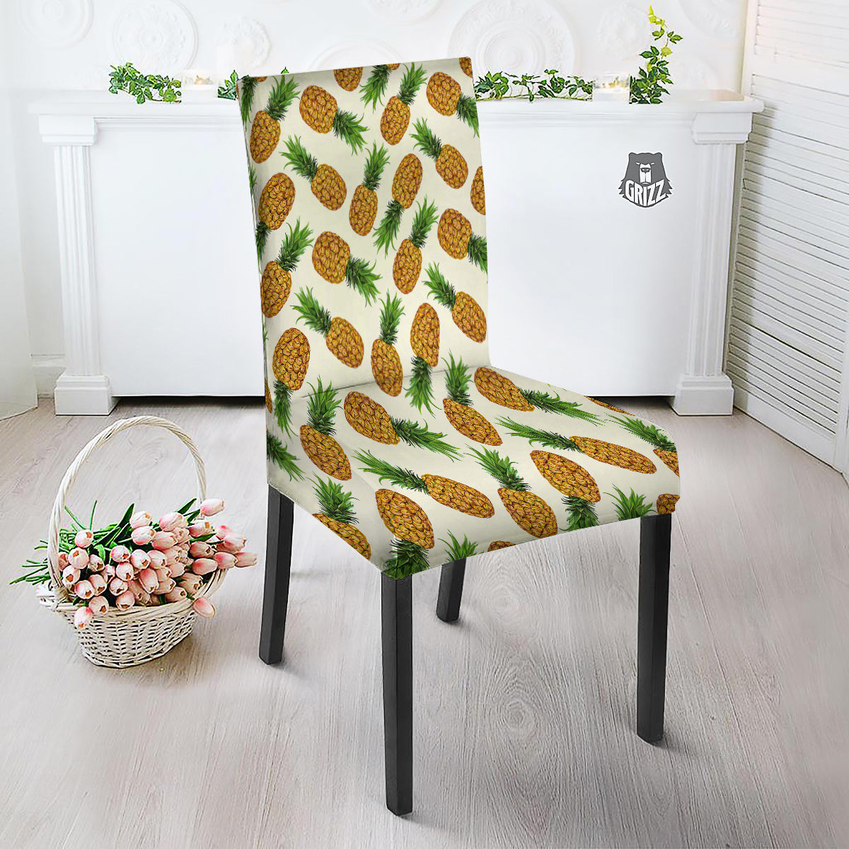 Pineapple White Print Pattern Dining Chair Slipcover-grizzshop