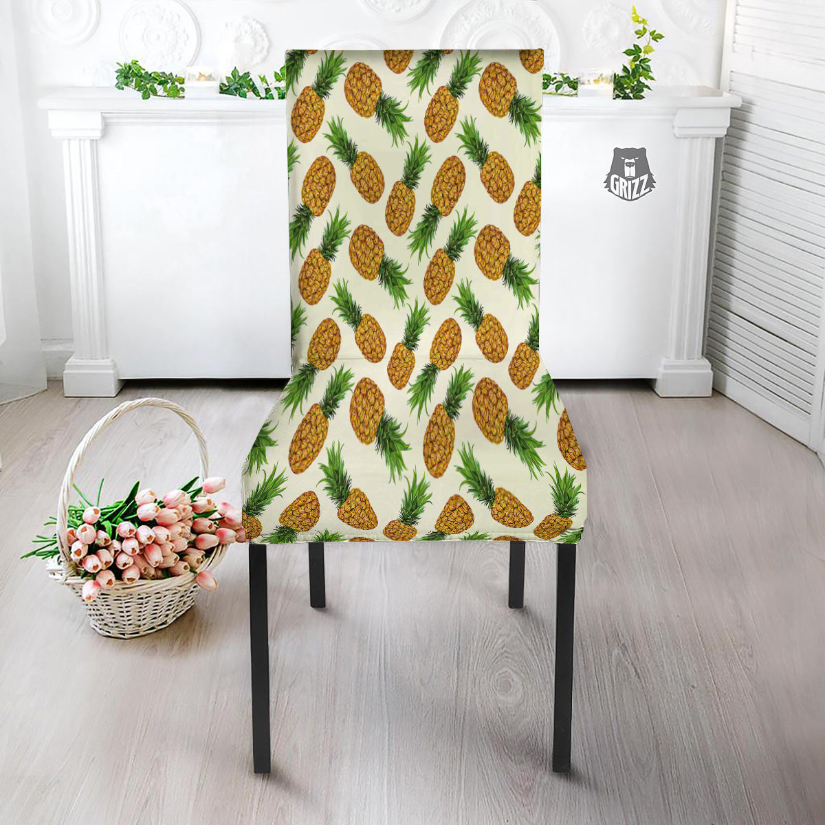 Pineapple White Print Pattern Dining Chair Slipcover-grizzshop