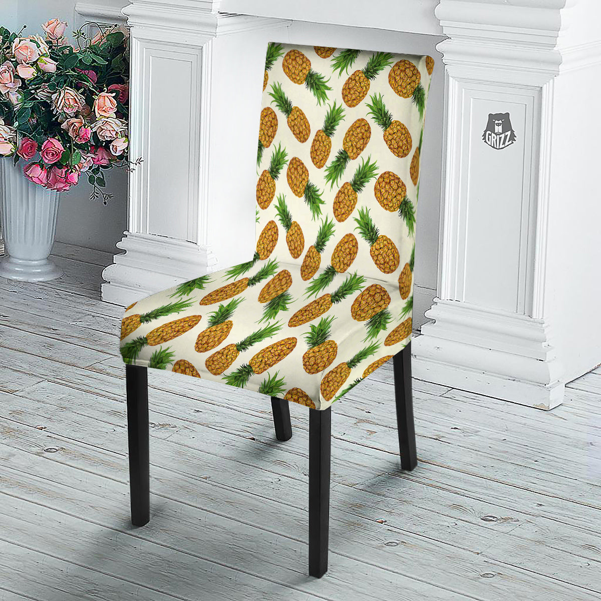 Pineapple White Print Pattern Dining Chair Slipcover-grizzshop