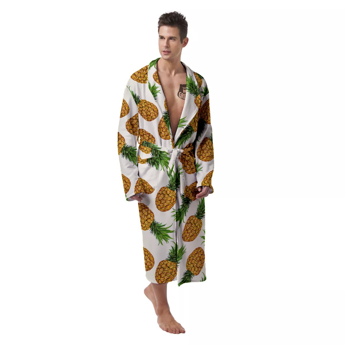 Pineapple White Print Pattern Men's Robe-grizzshop