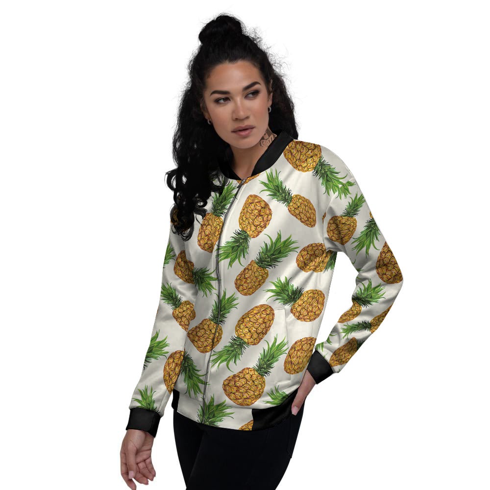 Pineapple White Print Pattern Women's Bomber Jacket-grizzshop