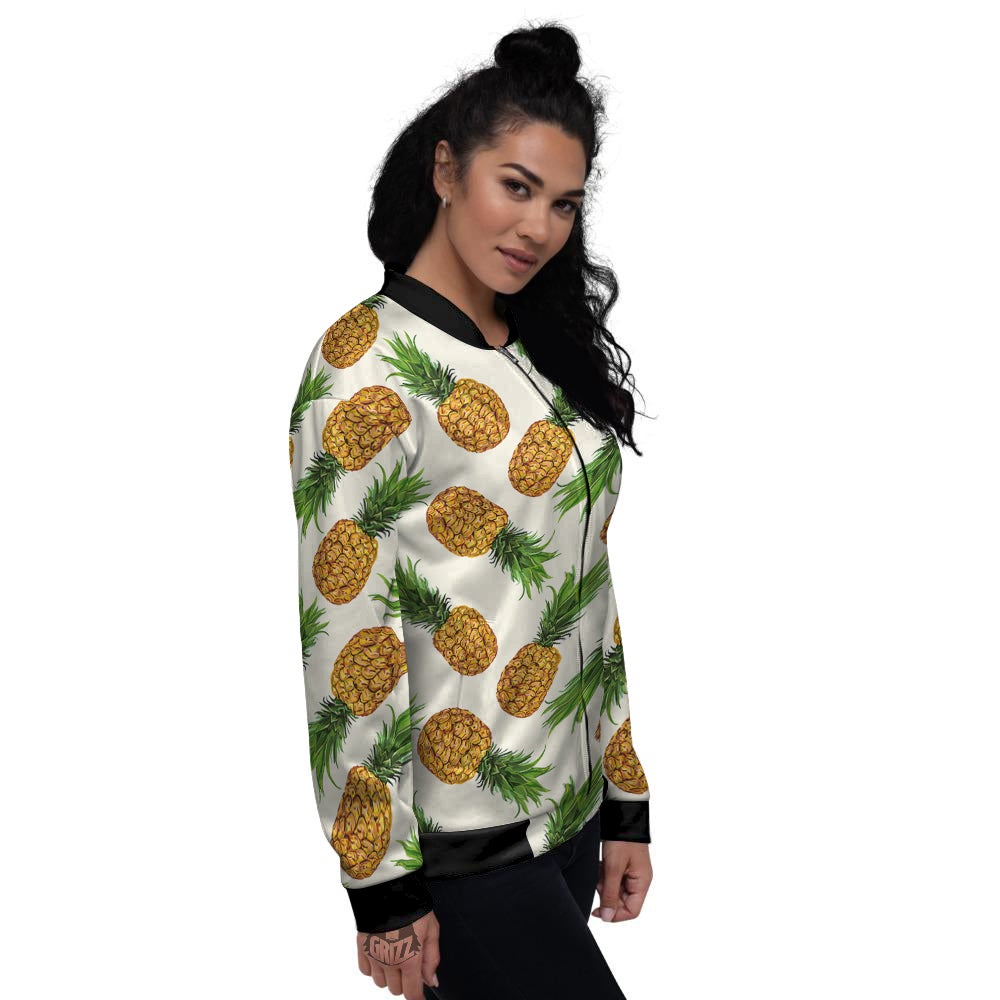 Pineapple White Print Pattern Women's Bomber Jacket-grizzshop