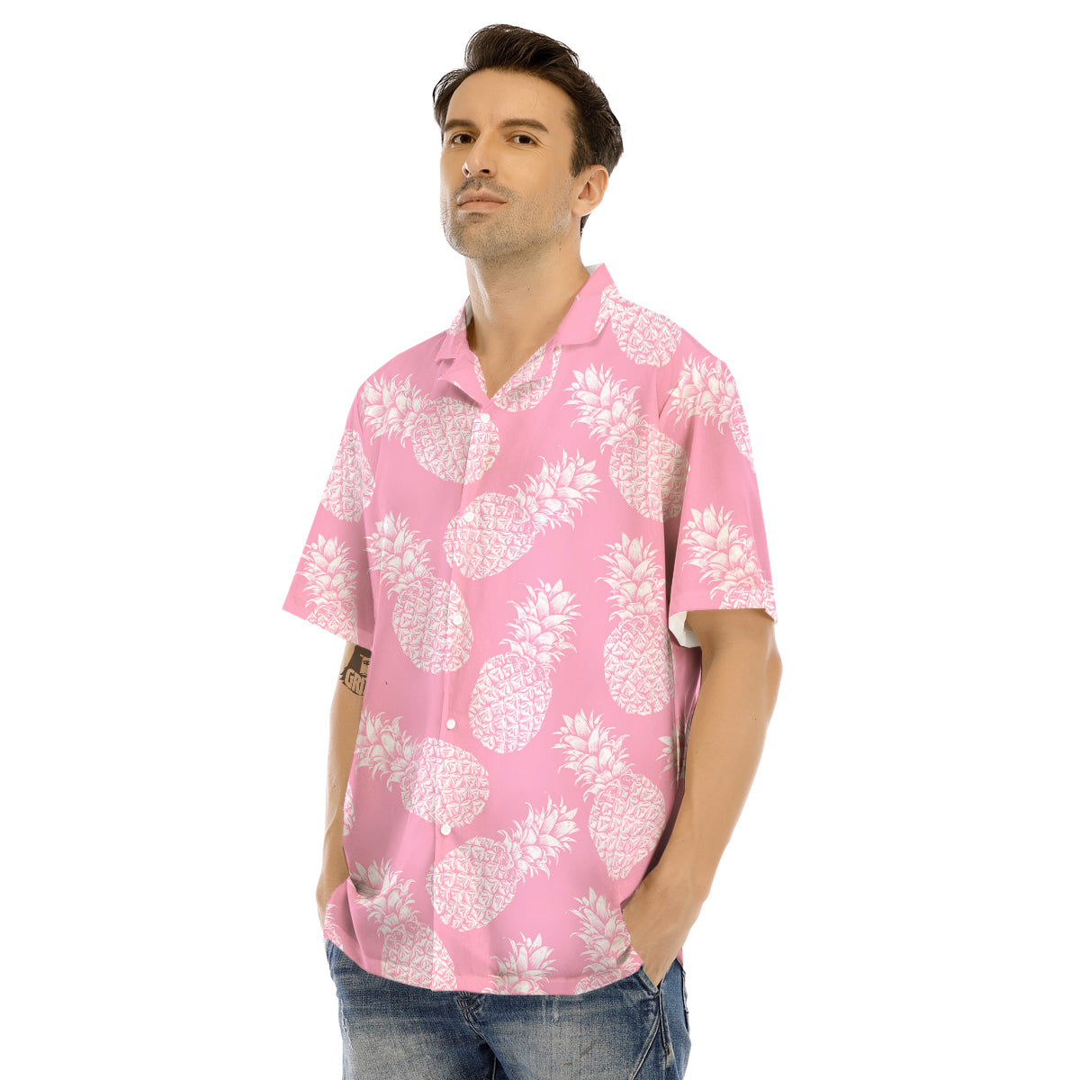 Pineapple White Summer Pink Print Pattern Men's Hawaiian Shirt-grizzshop