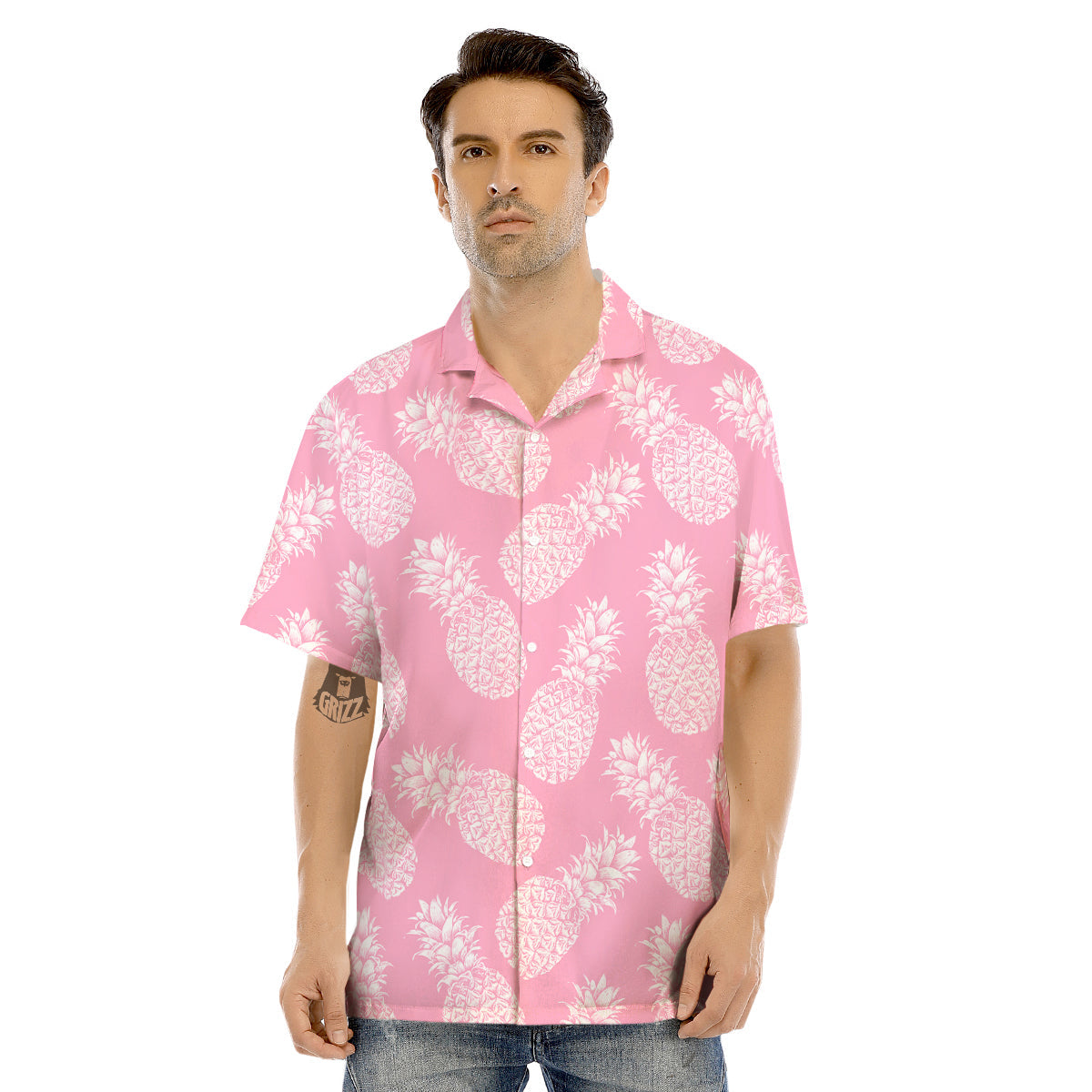 Pineapple White Summer Pink Print Pattern Men's Hawaiian Shirt-grizzshop