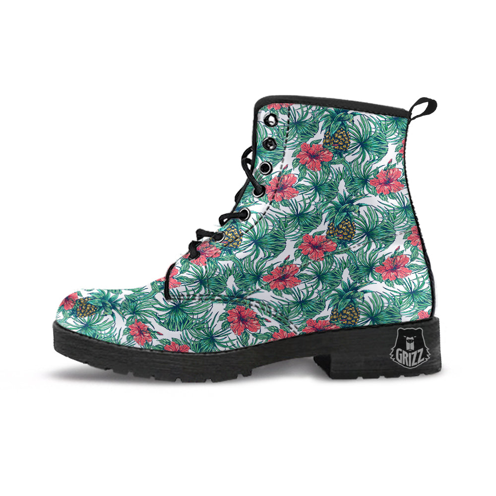 Pineapple White Tropical Print Pattern Leather Boots-grizzshop