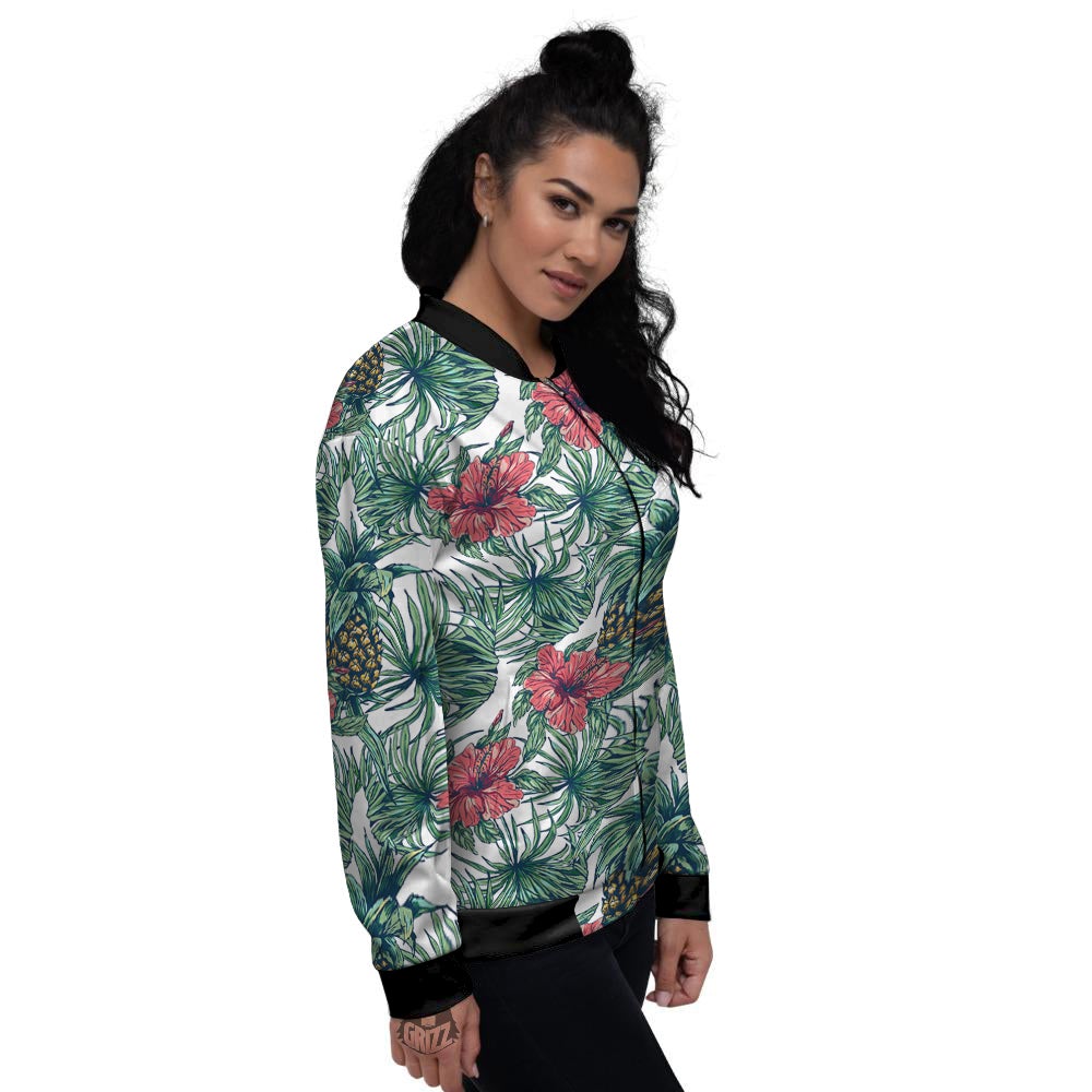 Pineapple White Tropical Print Pattern Women's Bomber Jacket-grizzshop