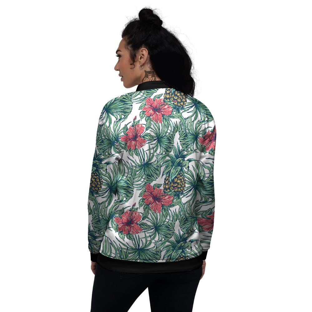 Pineapple White Tropical Print Pattern Women's Bomber Jacket-grizzshop