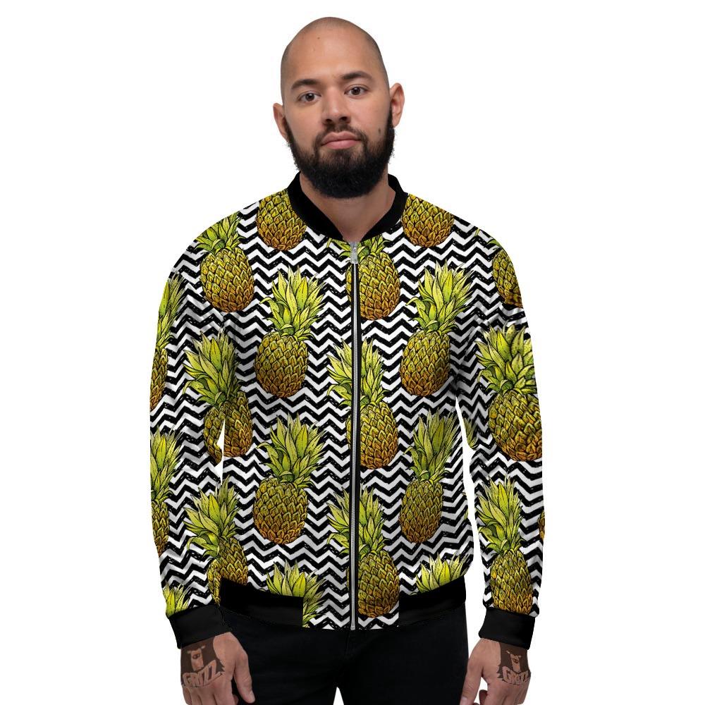 Pineapple White Zig Zag Print Pattern Men's Bomber Jacket-grizzshop
