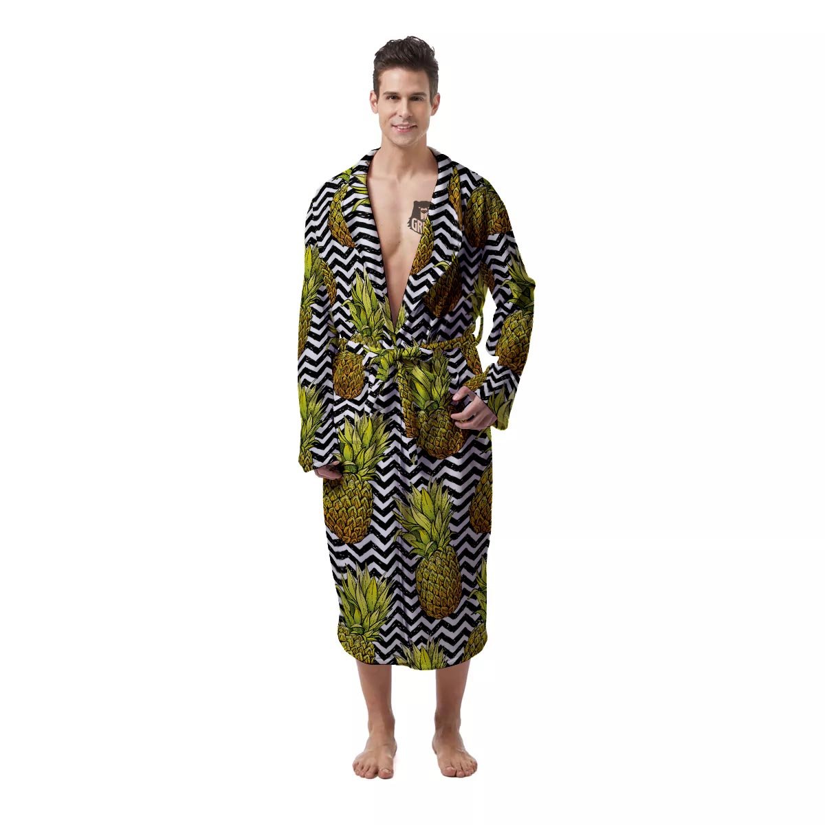 Pineapple White Zig Zag Print Pattern Men's Robe-grizzshop