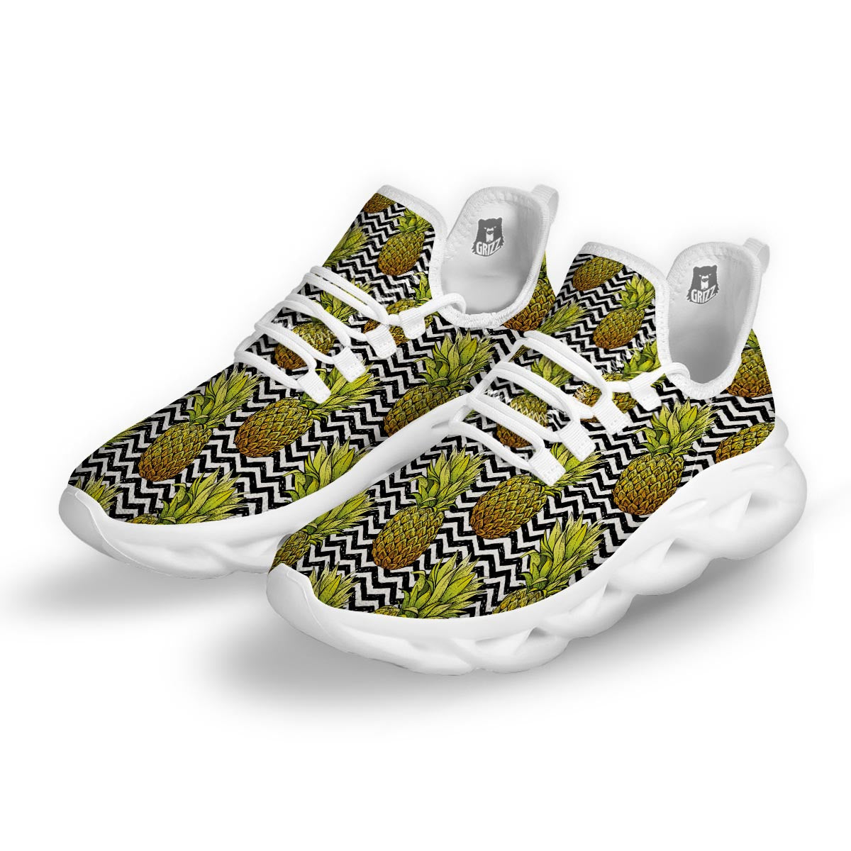 Pineapple White Zig Zag Print Pattern White Running Shoes-grizzshop