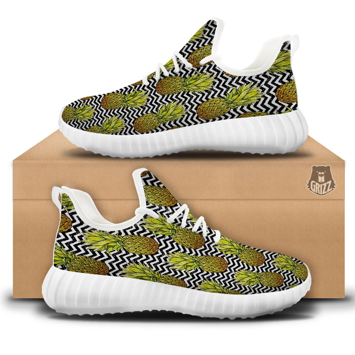 Pineapple White Zig Zag Print Pattern White Walking Shoes-grizzshop