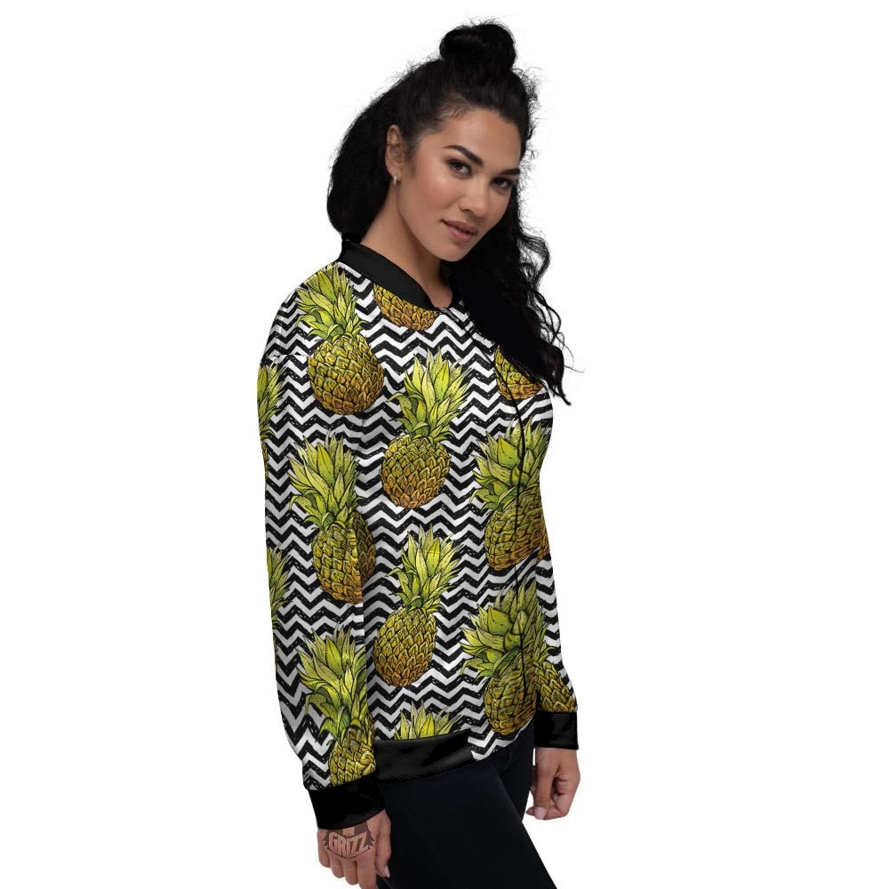 Pineapple White Zig Zag Print Pattern Women's Bomber Jacket-grizzshop