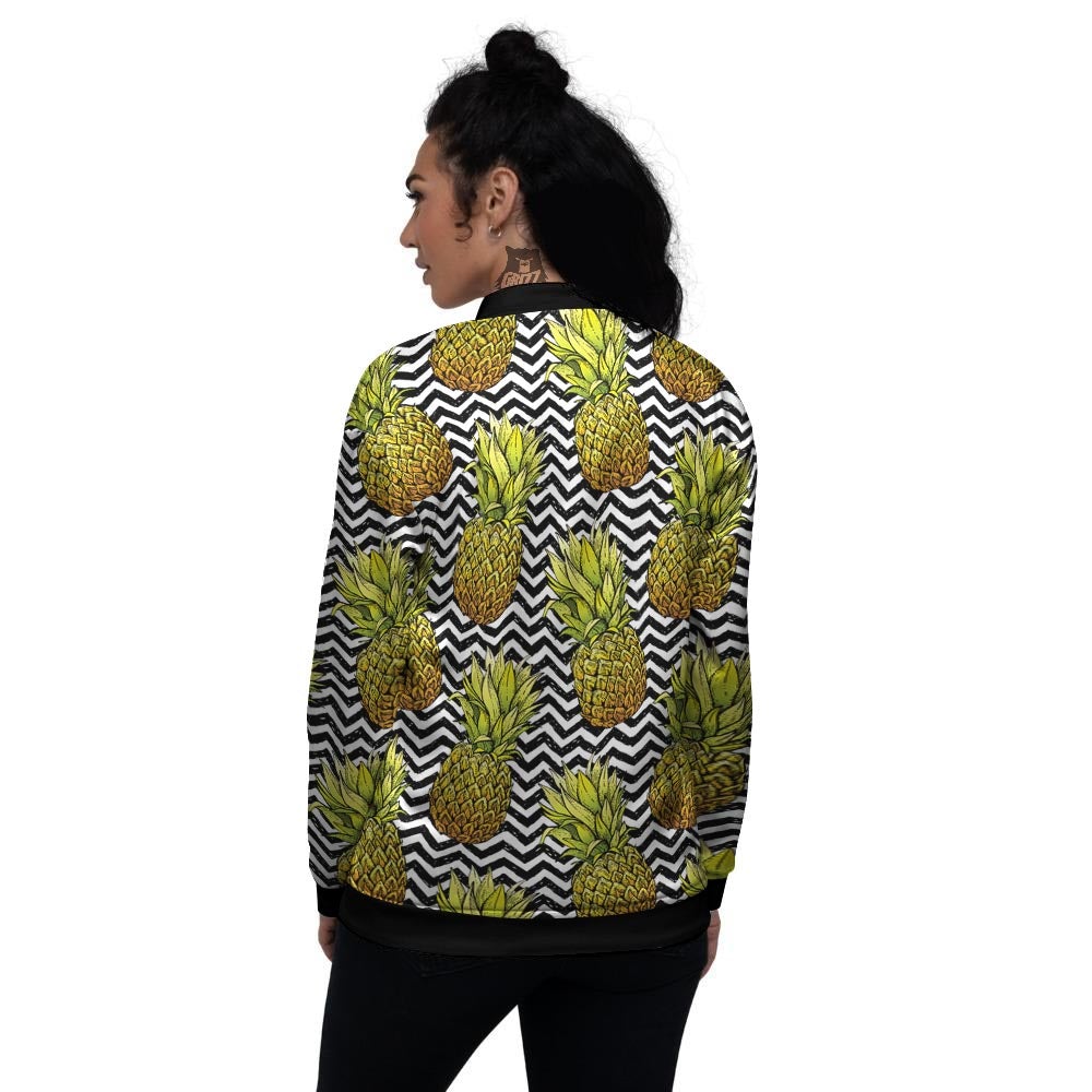 Pineapple White Zig Zag Print Pattern Women's Bomber Jacket-grizzshop