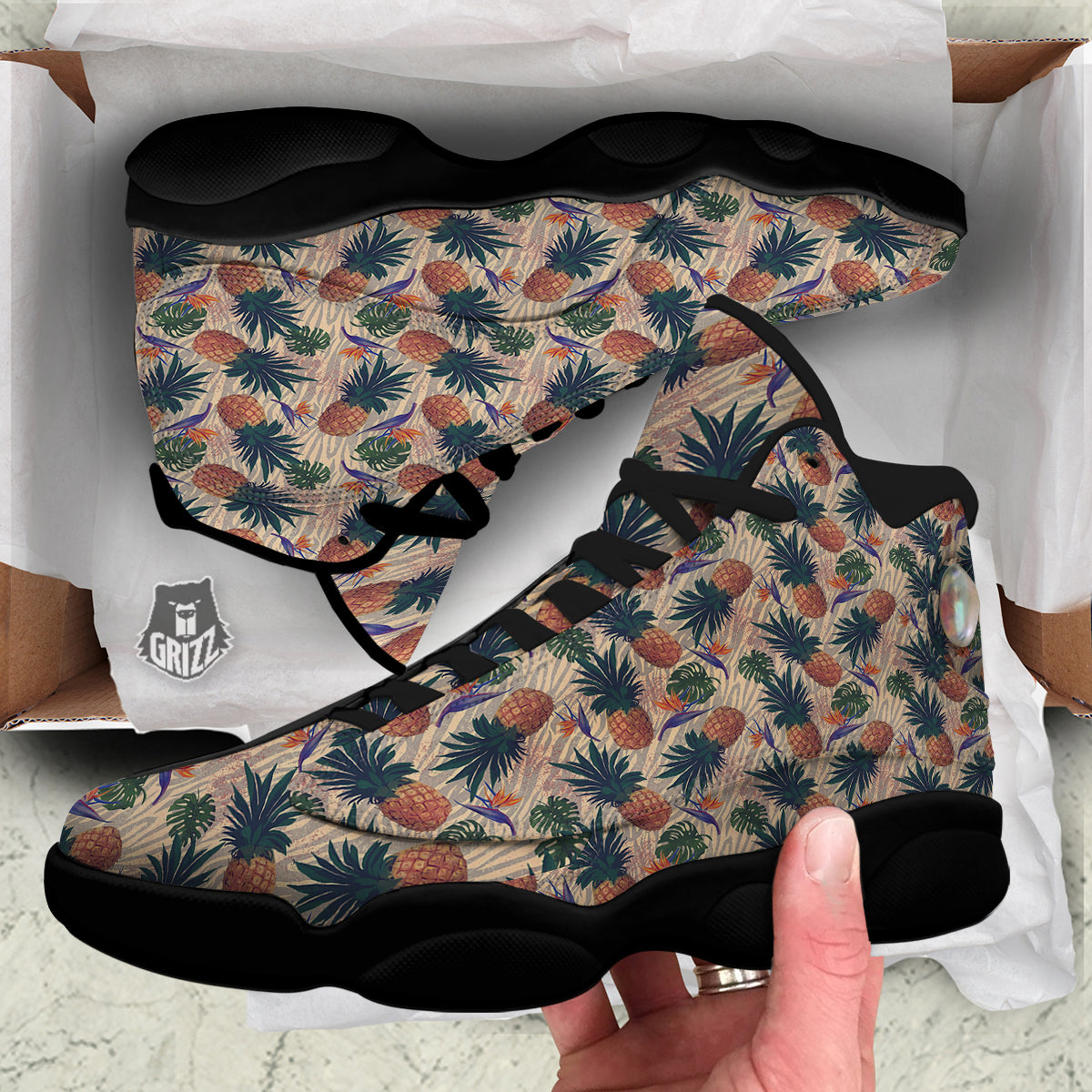 Pineapple Zebra Beige Print Pattern Black Basketball Shoes-grizzshop