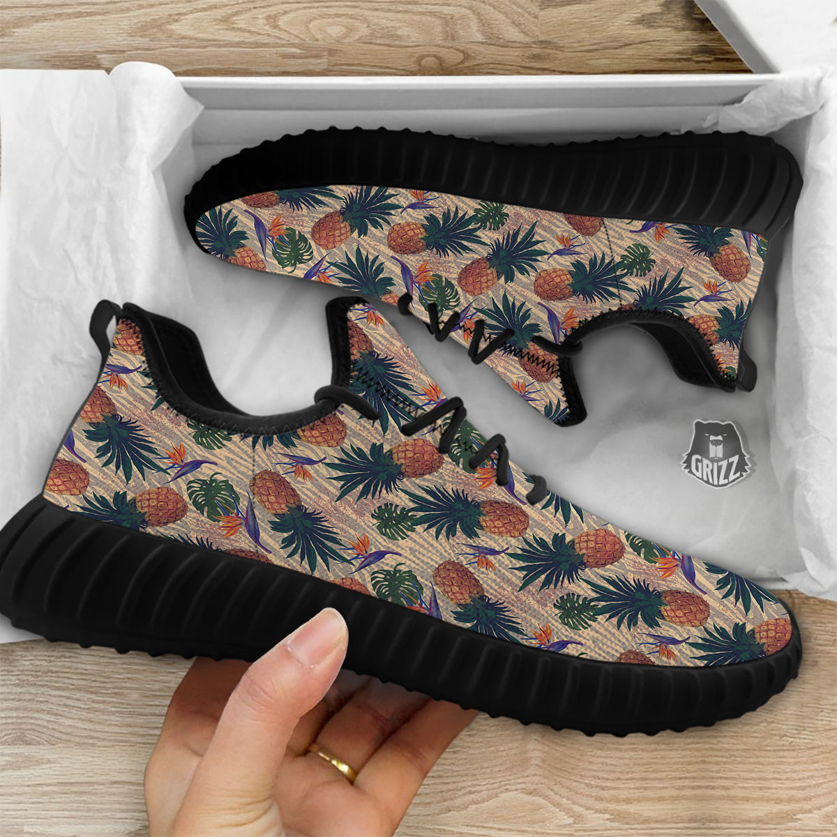 Pineapple Zebra Beige Print Pattern Black Walking Shoes-grizzshop