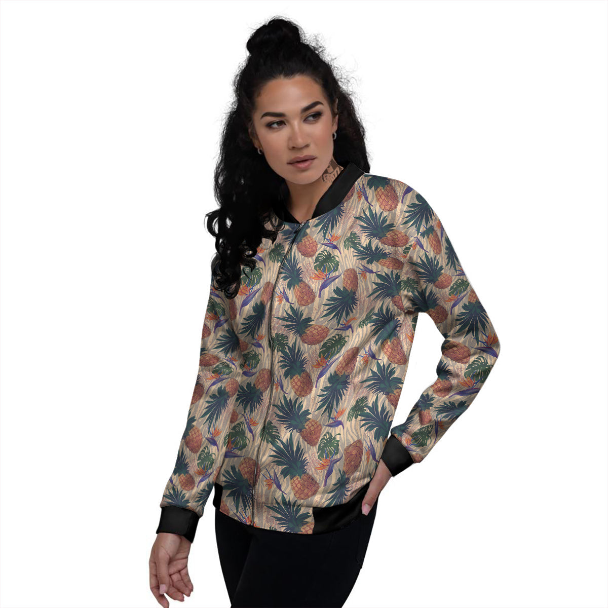 Pineapple Zebra Beige Print Pattern Women's Bomber Jacket-grizzshop