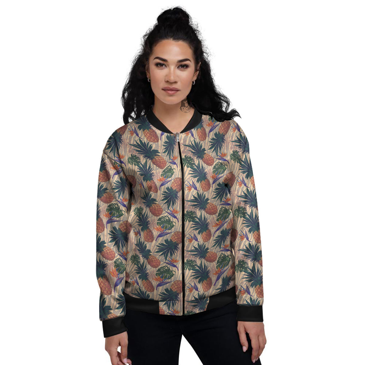 Pineapple Zebra Beige Print Pattern Women's Bomber Jacket-grizzshop