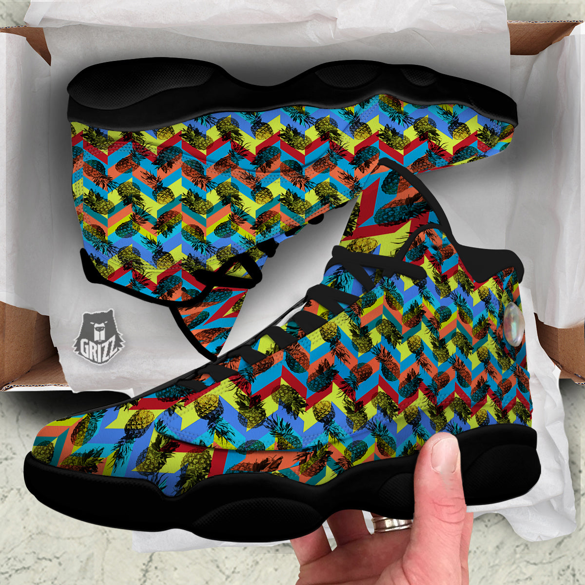 Pineapple Zigzag Print Pattern Black Basketball Shoes-grizzshop