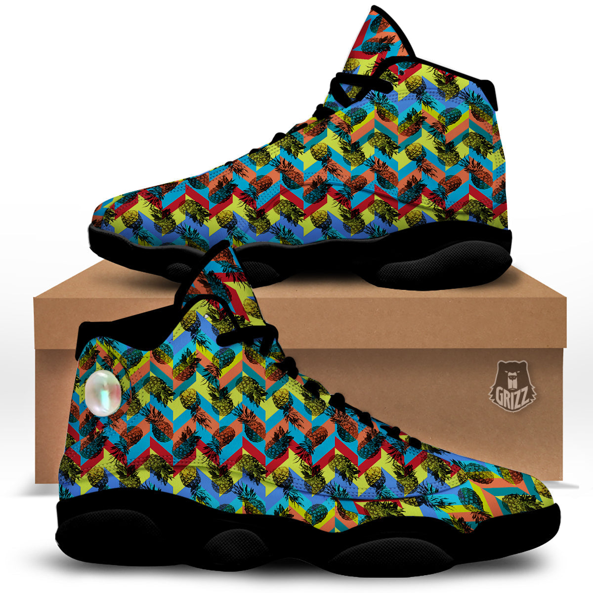 Pineapple Zigzag Print Pattern Black Basketball Shoes-grizzshop