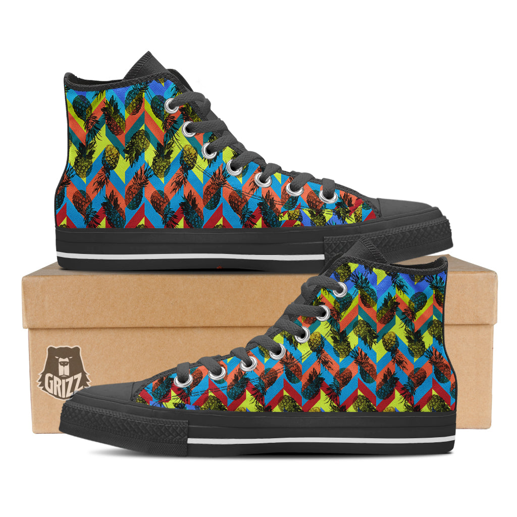 Pineapple Zigzag Print Pattern Black High Top Shoes-grizzshop