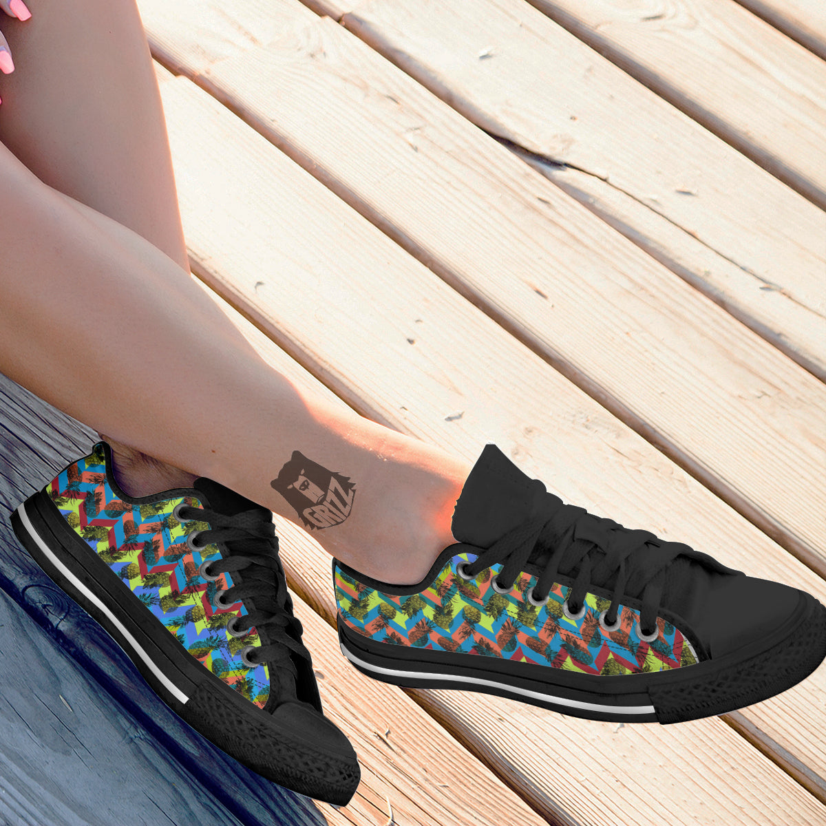 Pineapple Zigzag Print Pattern Black Low Top Shoes-grizzshop
