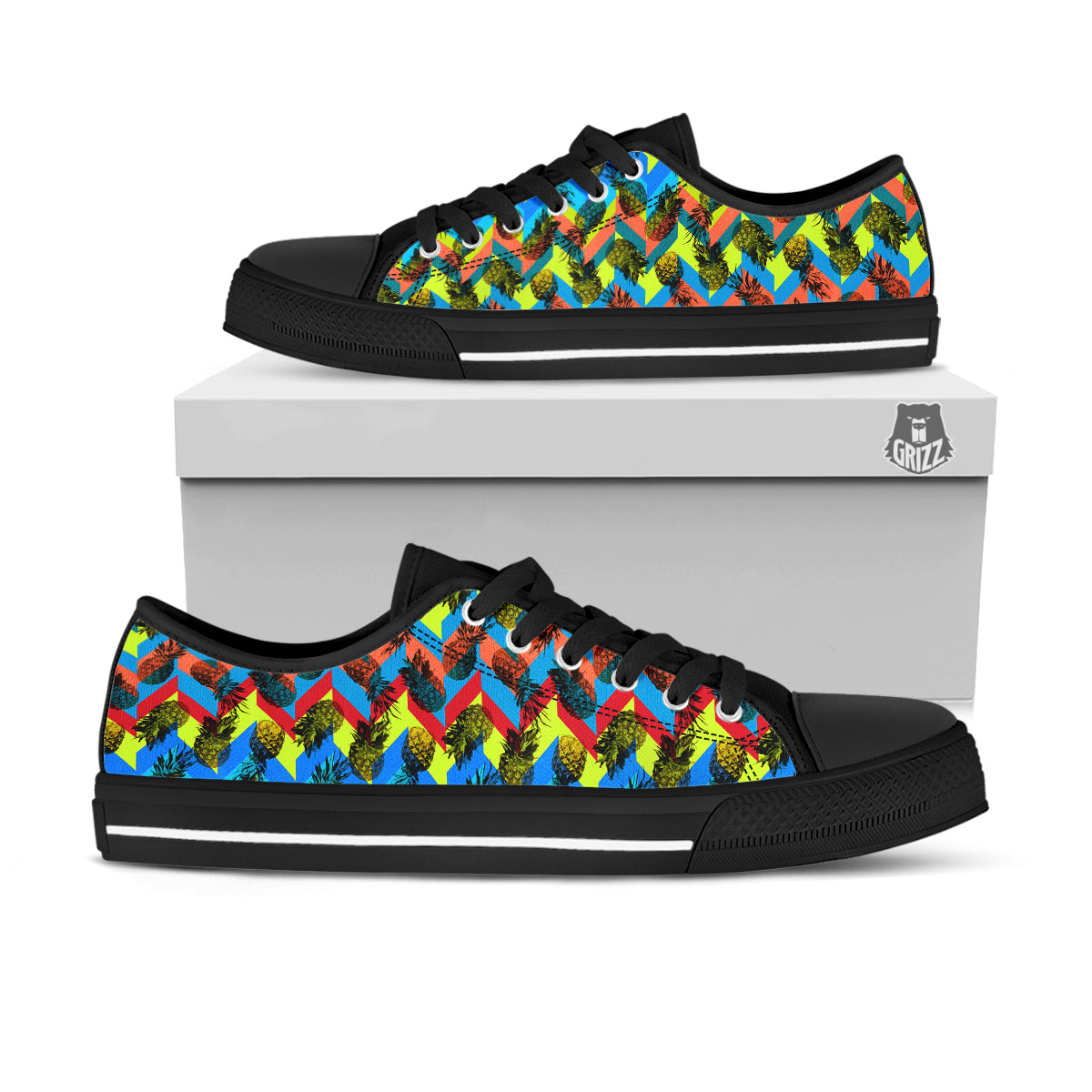 Pineapple Zigzag Print Pattern Black Low Top Shoes-grizzshop
