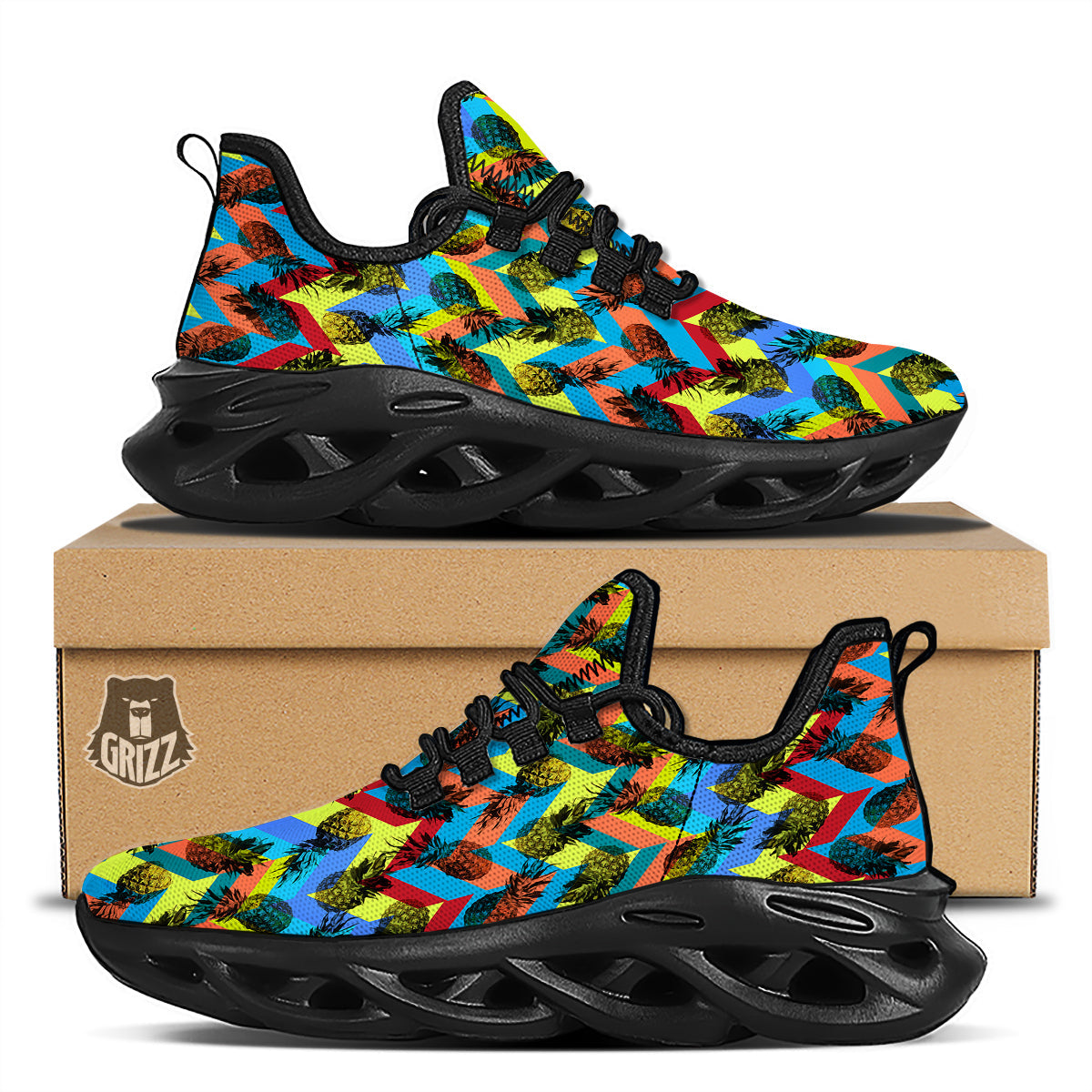 Pineapple Zigzag Print Pattern Black Running Shoes-grizzshop